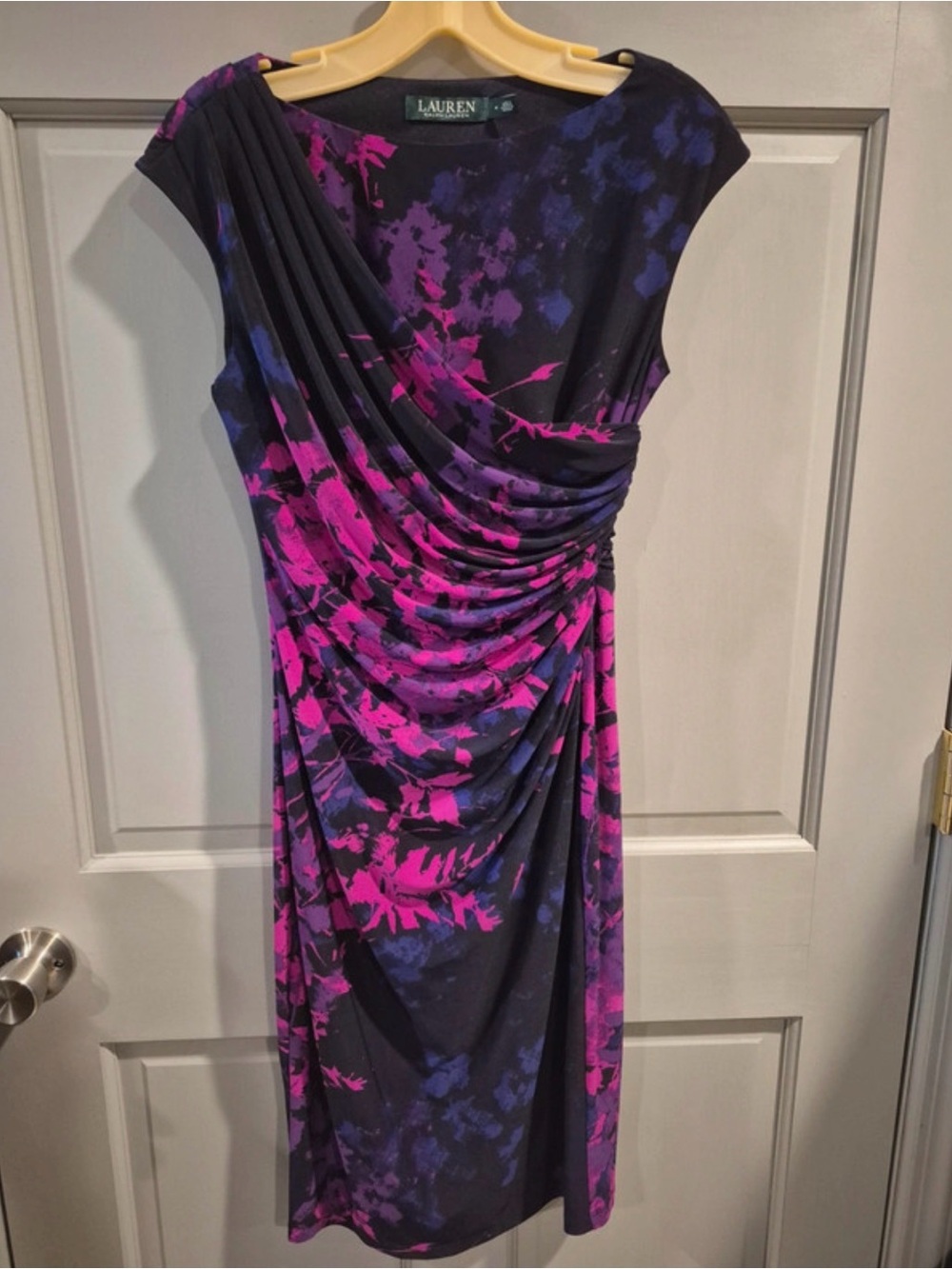 Ralph Lauren Black Midi Dress with Magenta and Deep Blue Print - Picture 2 of 4
